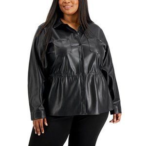 Calvin Klein Women's Cinched Faux Leather Button Down Shirt Black Size 1 X B3-02